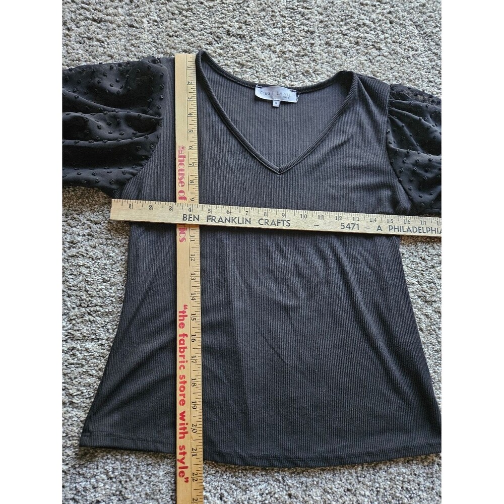 C'est La Vie Ribbed & Swiss Dot V Neck Top Black Size Small - Picture 7 of 8